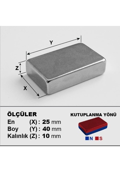 40mm X En 25mm X Kalınlık 10mm Çok Güçlü Büyük Neodyum Magnet