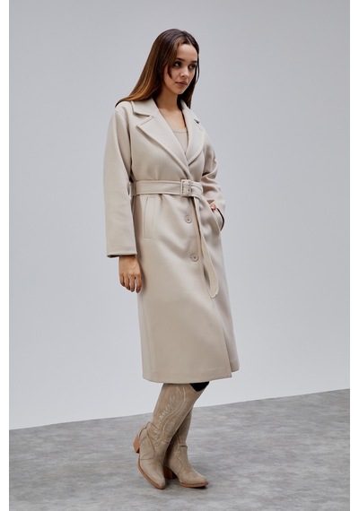 Bej Premium Oversize Kemerli Kaşe Kaban Bej