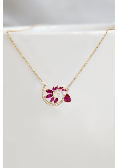 925 Ayar Gümüş Gold Kaplama Damla Pembe Taşlı Spiral Snail Tasarım Kolye UVPTS100498-3