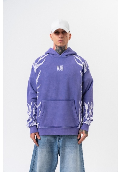 Respire Erkek War Baskılı Yıkamalı Kapüşonlu Oversize Hoodie Mor