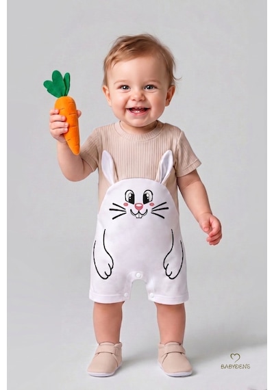 Babyden's Tavşan Baskılı Şortlu Erkek Bebek Tulum %100 Pamuk Yazlık Kısa Kollu Çıtçıtlı Yenidoğan Bebek Tulumu 0-9 Ay Bej