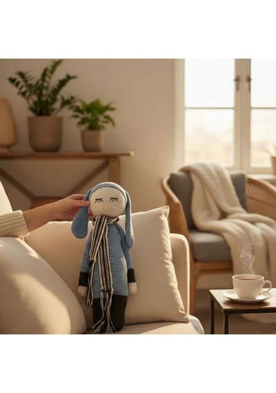 Uyuyan Oyuncak Tavşan El İşi %100 Pamuk Amigurumi Oyuncak Mavi