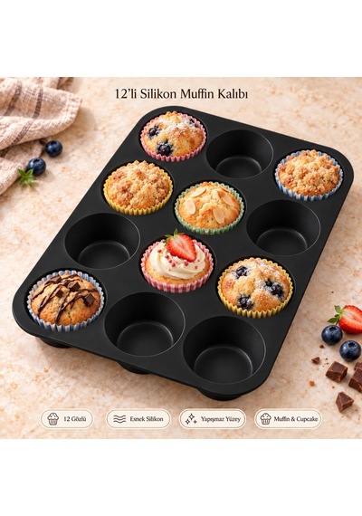 Tilbe Home 12'li Silikon Muffin Kalıbı Siyah Cupcake Mini Kek Browni Kurabiye Tatlı Pişirme Tepsisi Esnek Tek Parça Yuvarlak Bölmeli Porsiyonluk İkram Tilbe Home 12'li Silikon Muffin Kalıbı Siyah Cupcake Mini Kek Browni Kurabiye Tatlı Pişirme Tepsisi Esnek Tek Parça Yuvarlak Bölmeli Porsiyonluk İkram