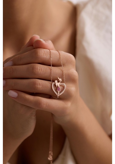 925 Ayar Gümüş Rose Kaplama Kalp Model Pembe Taşlı Anne Bebek Kolye Rose Gold