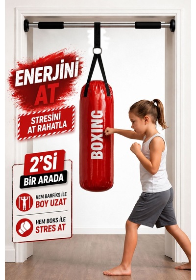 53 Cm x 20 Cm Çocuk Kırmızı Boks Torbası + Barfiks Asma Demiri Kırmızı