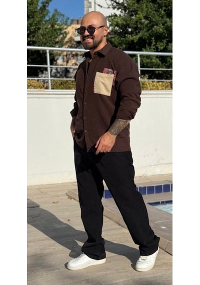 Serseri Jeans Erkek Bohem Etnik Cep Detaylı Gömlek Kahverengi