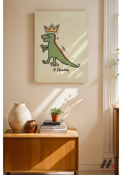 Taçlı Dinozor Yeşil Pop Art, Çerçevesiz Yüksek Kalite Duvar Afişi - Renkli Ev Dekorasyonu