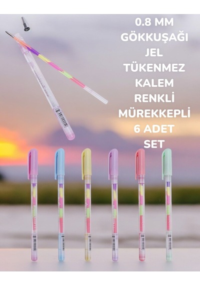 0.8 Mm Gökkuşağı Jel Tükenmez Kalem Renkli Mürekkepli 6 Adet Set Çok Renkli
