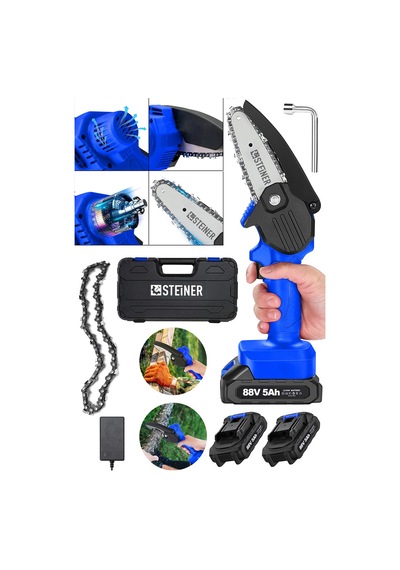 Steiner 88V 5Ah Çift Akülü Çantalı Dal Kesme Budama Testeresi Bıçkı Makinesi Mavi + Zincir