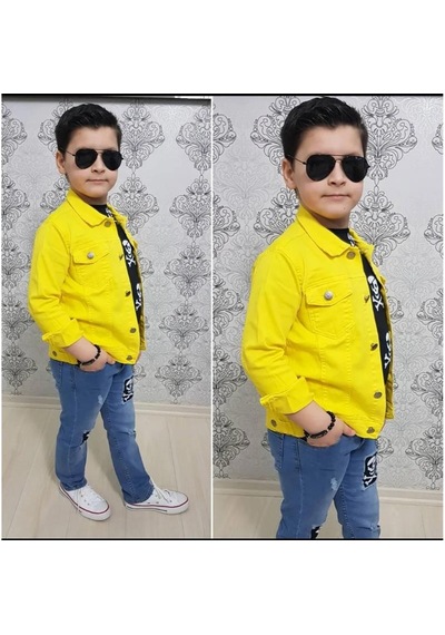 MODAVALS GABARDİN CEKETLİ KURU KAFA TASARIMLI ERKEK ÇOCUK KOT KOMBİN - SARI