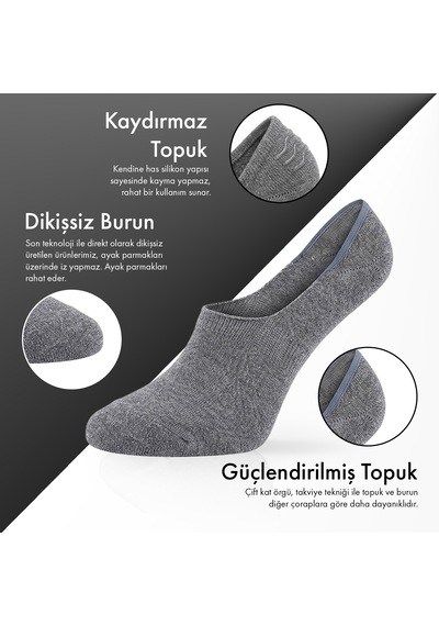 Saf Bambu Erkek Babet Çorap Dikişsiz Görünmez Kaydırmaz Topuk Silikonlu Premium Hediye Kutulu Gri Melanj