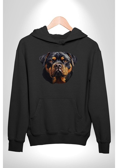 Rottweiler Kafası Kadın Erkek Siyah Kapüşonlu Sweatshirt Hoodie Siyah