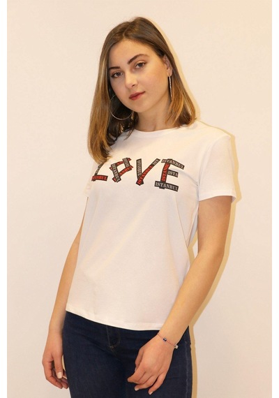 Rich Kadın Bisiklet Yaka T-shirt %100 Pamuk Tişört Beyaz