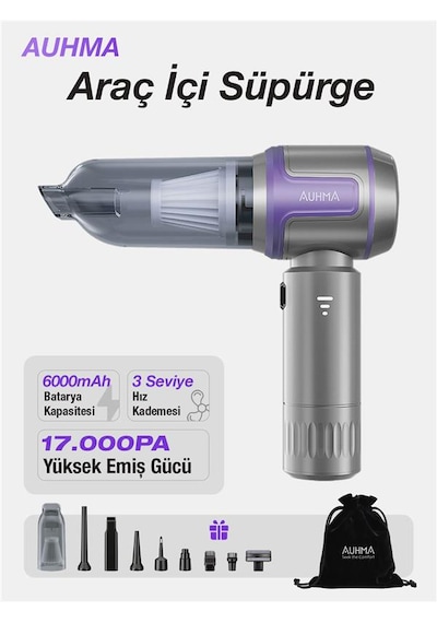 Auhma Ahv-09 4'ü 1 Arada 17000pa Kablosuz Taşınabilir Araç İçi El Süpürgesi