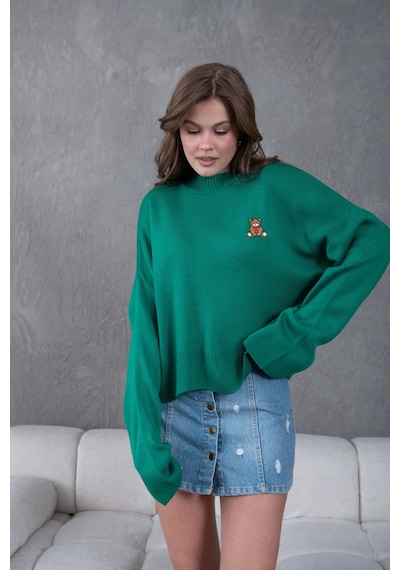 Park Karon Kadın Yeşil Dik Yaka Oversize Nakışlı Triko Kazak 224301 Yeşil