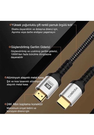 Yumıkra Ultra Sertifikalı Hdmı 2.1 Kablo, 8k 60hz, 4k 240hz, 48 G