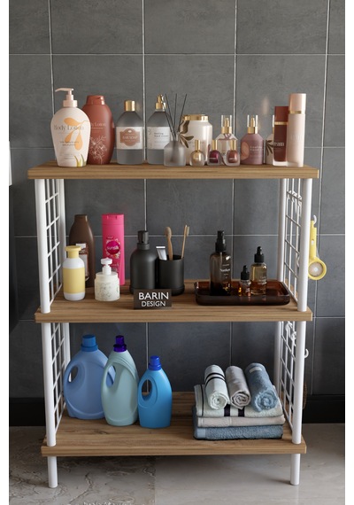 3 Raflı Çevir Tak Beyaz Telli Metal Gövdeli Çok Amaçlı Banyo Rafı Ve Organizer Raf Banyo Dolabı Atlantik Çam