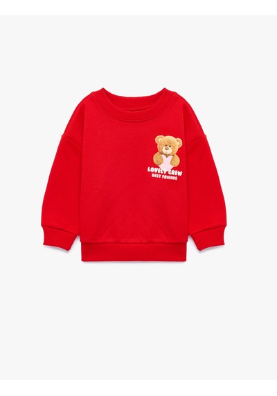 Koton Ayıcık Baskılı Arkası Baskılı Uzun Kollu Bisiklet Yaka Şardonlu Sweatshirt Kırmızı 7wmg10158ak
