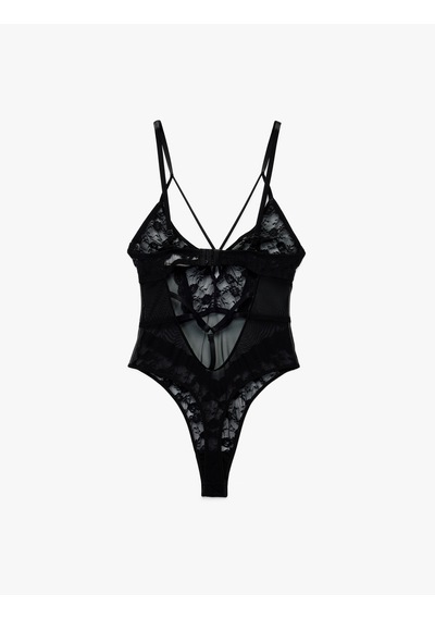 Koton Derin V Yaka İnce Askılı Transparan Dantelli Bodysuit Siyah 6wlk00004mk Siyah