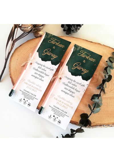 Yeşil Gold Detaylı Söz Nişan Nikah Hediye Tohumlu Kalem 30 Adet