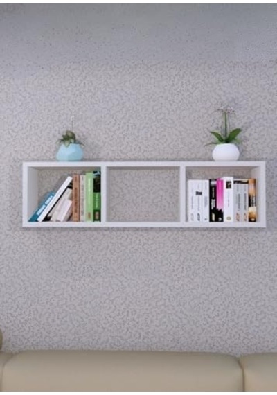 Duvara Monte Yatay Askılı Raf, 3 Bölmeli Dekoratif Duvar Rafı, Kitaplık, Aksesuar Depolama, 90x25x17cm Beyaz 90x25 Diğer
