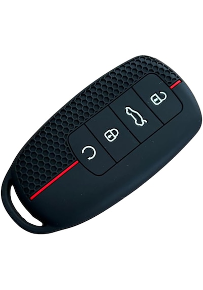 Autohan Keys Lüx Chery Tiggo 8 Pro Smart Uyumlu 3 Buton Anahtar Kılıfı, Kırmızı Çizgili, Petek Desenli, Siyah