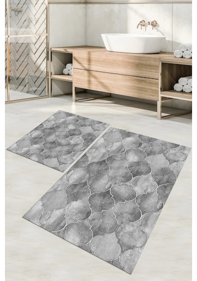 Buççin Online Mağaza Dijital Baskılı Yıkanabilir Kaymaz Taban Kupa Desenli Banyo Paspası Klozet Takımı Polyester Gri Çok Renkli