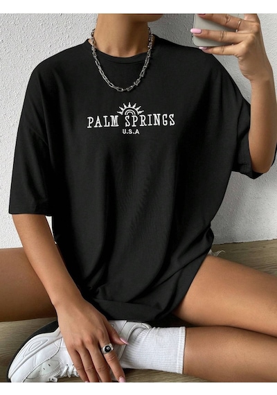 Flood Of Style Kadın Siyah Palm Sprıngs Baskılı Oversize