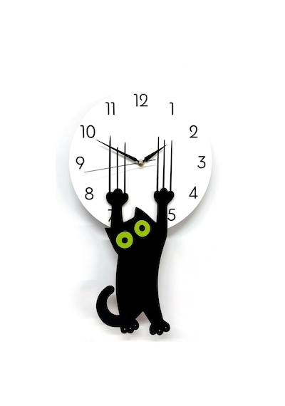 Cajuart Özel Ahşap Tasarım Saati Tırmalayan Kara Kedi Duvar Saati Dekor Beyaz - Siyah