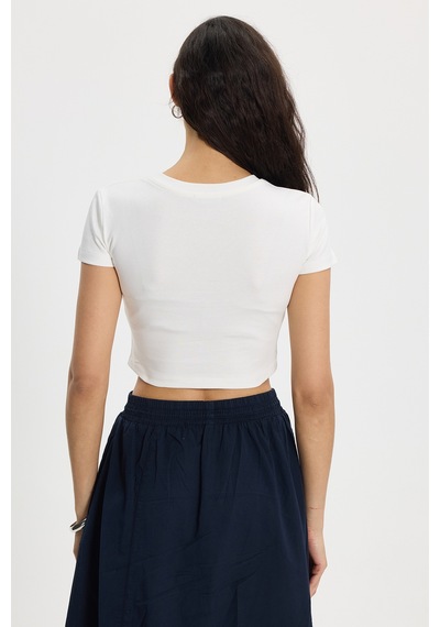Tudors Kadın Slim Fit Dar Kesim Pamuk Bisiklet Yaka Kısa Kollu Baskılı Ekru Crop Tişört-50532 L