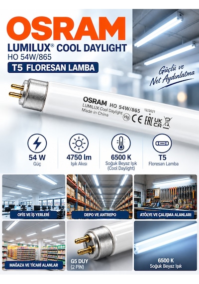 1 Adet Osram 54w 865 Beyaz 6500k G5 Duylu T5 Floresan