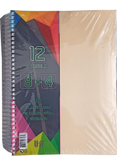 8+4 Ayraçlı Defter 12 Konulu 300 Yaprak 1 Adet 8 Kareli 4 Çizgili Spralli Plastik Kapak Seperatörlü Krem