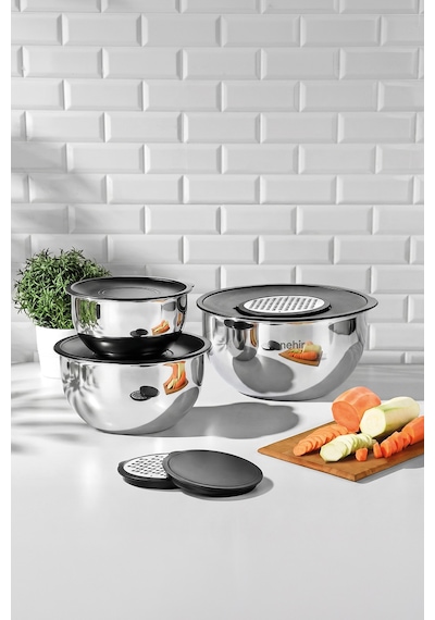 Silver Çelik Sade 9 Parça Rendeli Karıştırma Kabı Takımı Gümüş