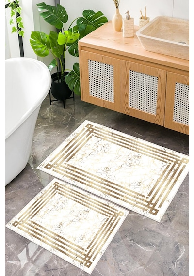 Dijital Baskı Mermer Desenli Kaymaz Taban 2li Set Banyo Paspası Klozet Takımı 50x60cm-60x100cm Gold