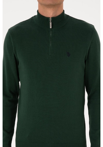 U.S. Polo Assn. Erkek Slim Fit Yarım Fermuarlı Koyu Yeşil Basic Kazak 50313695-VR079