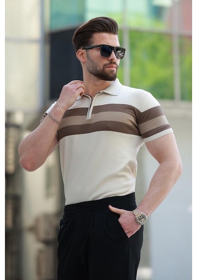 Madmext Taba Fermuarlı Polo Yaka Çizgili Erkek Tişört E7406 Taba