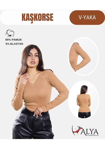 Alya Underwear Pamuklu Kaşkorse V Yaka Body Sweatshirt, Fitilli Kumaş Likralı Bluz, Asker Yeşili Badi Pudra