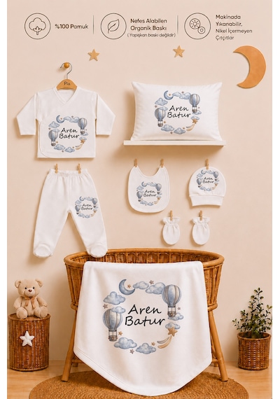 Pia Baby 11 Parça İsme Özel Erkek Bebek Hastane Çıkışı %100 Pamuk Organik Baskılı 101511yx Ekru