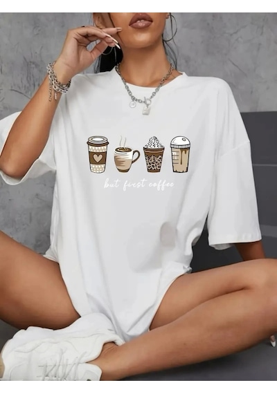 Modi Baskılı Oversize Bisiklet Yaka T-shirt - Beyaz - Mymg158829