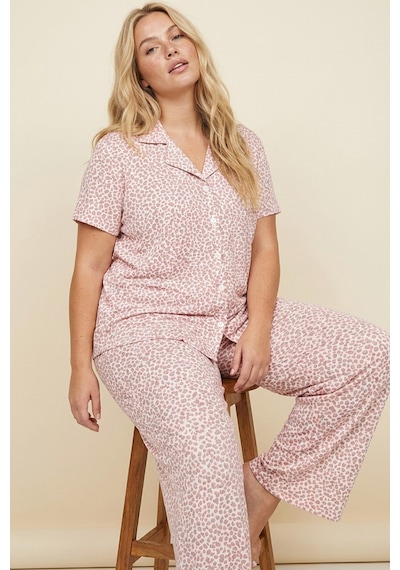 Siyah İnci Büyük Beden Battal Boy Düğmeli Örme Pijama Takım 8016 Beyaz Somon Leopar