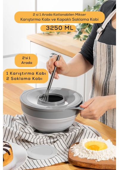 Katlanabilir Silikon Gri Mikser Karıştırma Çırpma Saklama Kabı 3,25 Lt Mıt1285 Gri