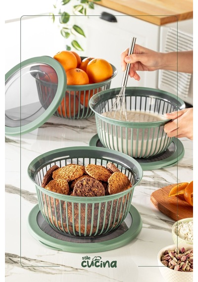 Linea 3 Adet 3 Litre Yuvarlak Sızdırmaz Çerez & Meyve & Bakliyat Saklama Kabı Yeşil Yeşil