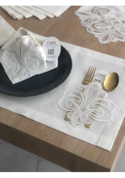 Vaveni Sofra Takımı Taç Gardenya Keten Yemek Takımı 160x260 Masa Seti 26 Parça Runner Set Krem Arz