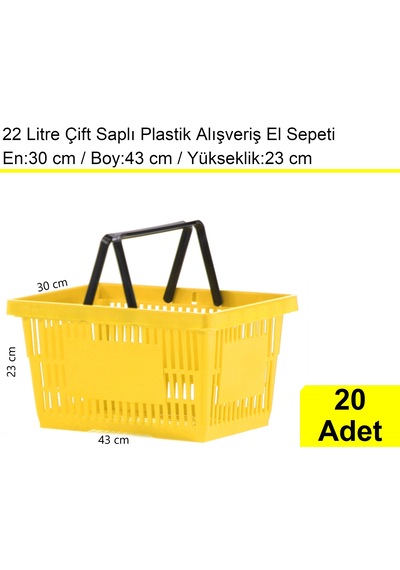 Plastik Alışveriş El Sepeti Çift Saplı 22 Litre Sarı 20 Adet / En:30 Boy:43 Yükseklik:22 Cm Sarı