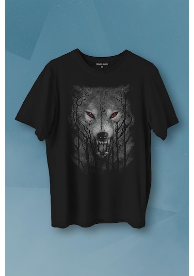 Gece Vahşi Ormada Bozkurt Bordo Maviz Gözlü Kurt Wolf Gri Baskılı Tişört Unisex T-shirt 001