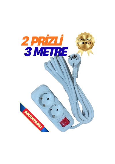 2 Prizli Grup Priz - 3 Metre Fiş Çoğaltıcı Topraklı Anahtarlı Düğmeli Çoklu Kablolu Uzatma Piriz Beyaz 3 - 4 M