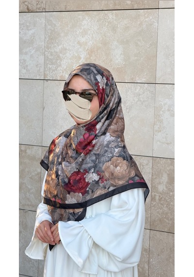 Qalortex Scarf Pamuklu Gonca Desen Eşarp - Siyah