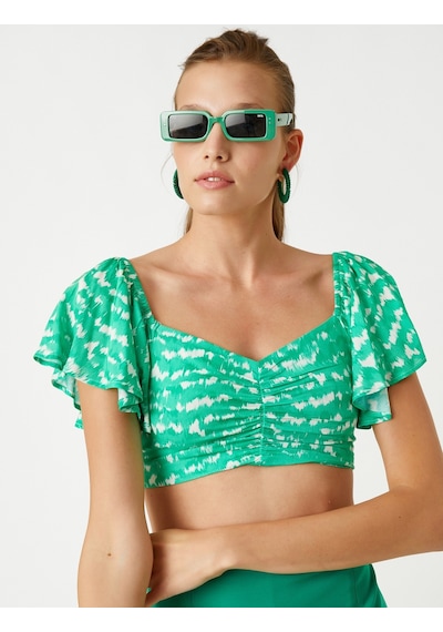 Koton Crop Bluz Büzgü Detaylı Yeşil Desenli 2sak60234pw 2SAK60234PW02F Yeşil