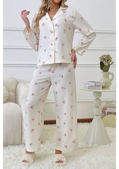 Bella Notte Kadın Ekru Çiçek Baskılı Kışlık Uzun Pijama Takımı