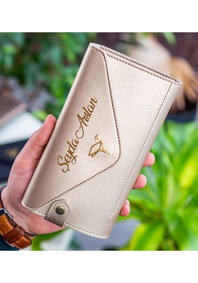 Bk Gift Kişiye Özel İsimli Telefon Ve Bozuk Para Bölmeli Zarf Model Gold Kadın Cüzdanı, Sevgiliye Hediye, Anneye Hediye